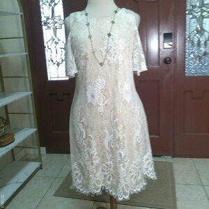 Ronnie Nicole Pearl Gold Evening Dress size 12 Mother Bride Groom Lace Sequin